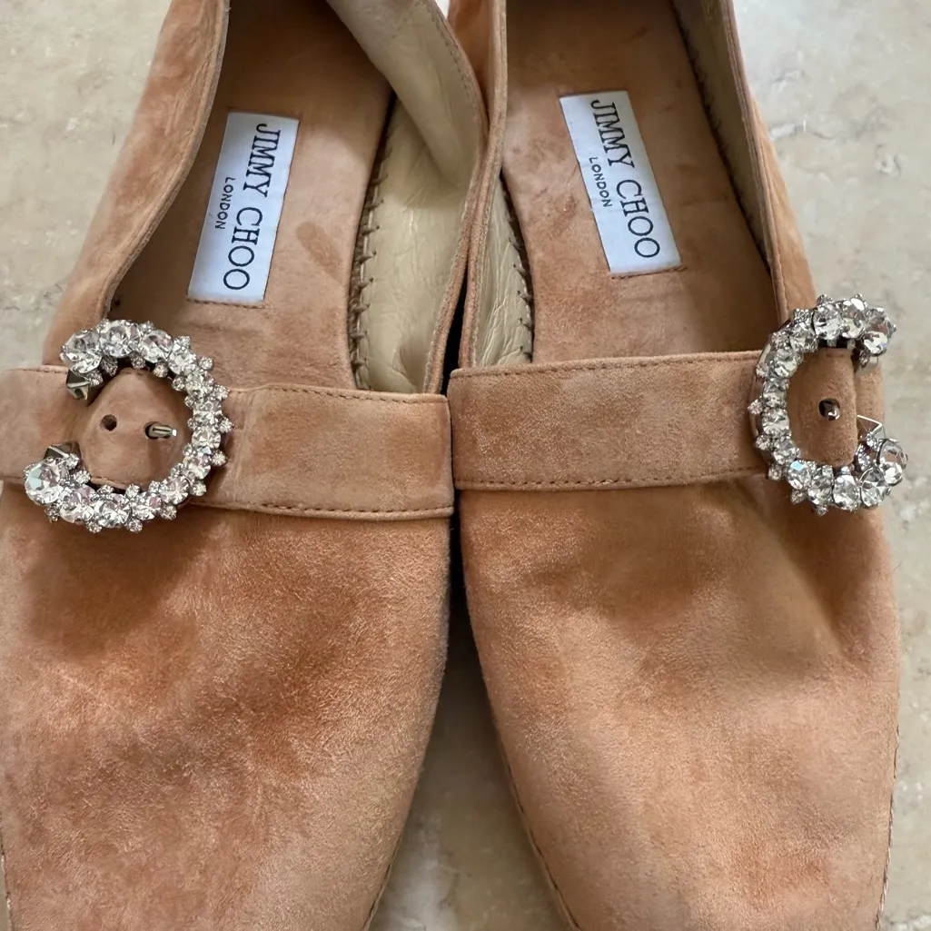 JIMMY CHOO Dru Crystal Embellished Suede Espadrilles Beige Sz 38 EU/8 US - Image 9