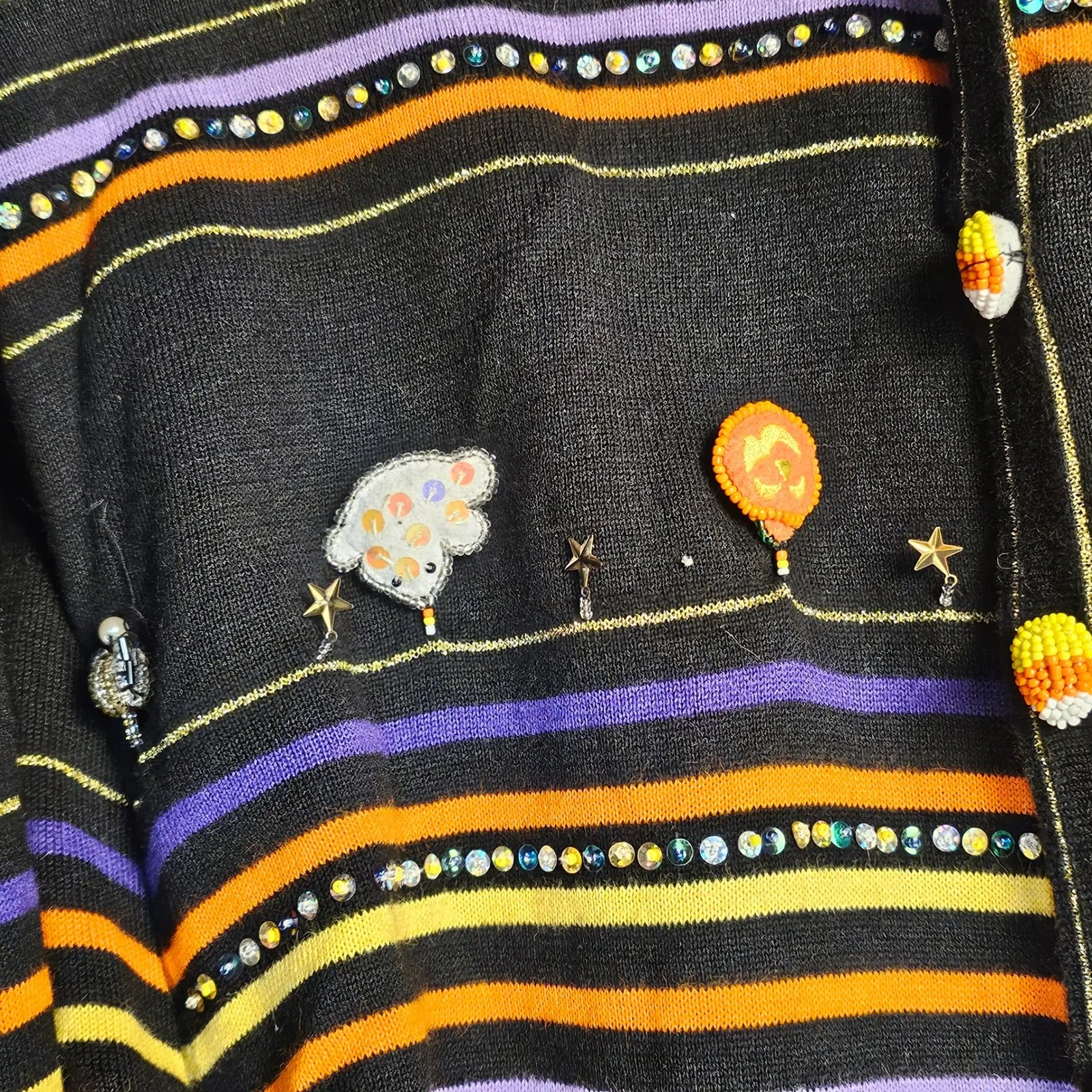 Vintage‎ Berek Black Orange Striped Embellished Halloween Cardigan Sweater Large - Image 3