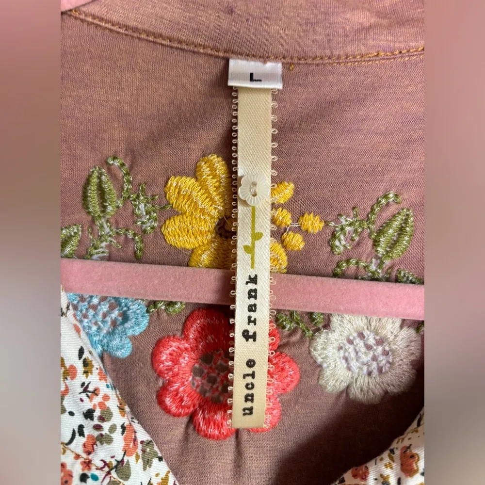 Uncle Frank Brown Multi Color Floral Embroidered Boho Collared T-Shirt Dress L - Image 9