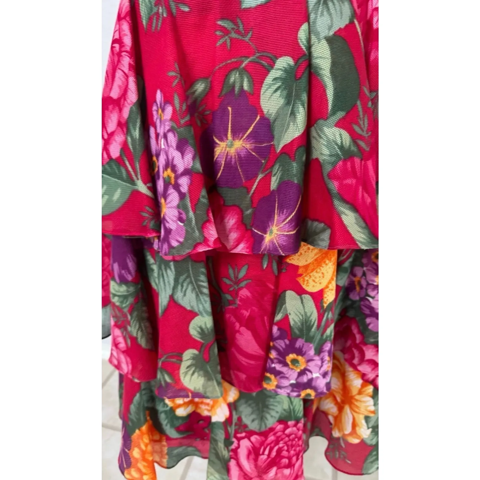 Vintage William Pearson Floral Tiered Tulle Midi Dress Short Sleeve Layers Sz 10 - Image 5