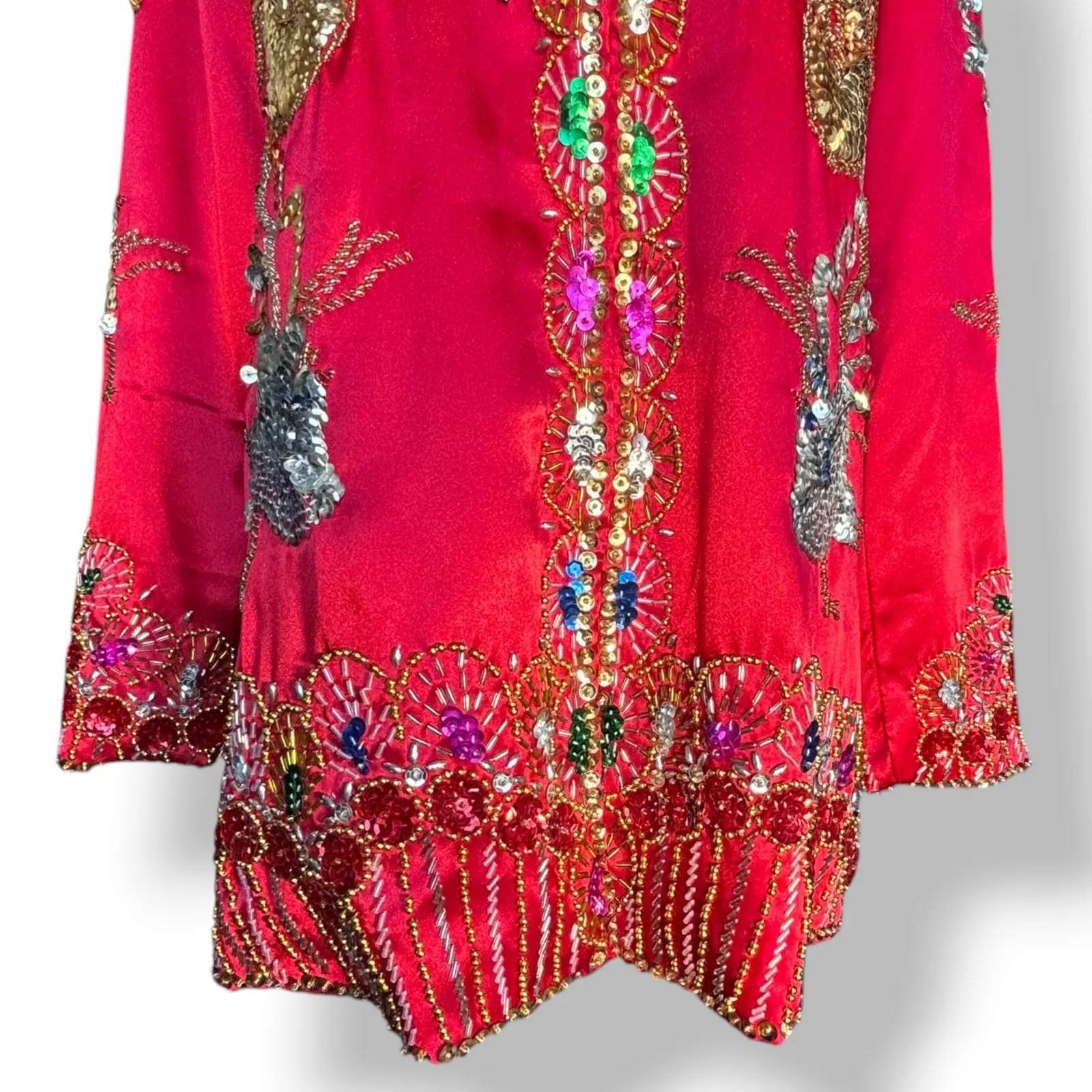 Vintage Red Dragon Phoenix Beaded Silk Asian Jacket Hand Embellished 80s 90s - Image 4