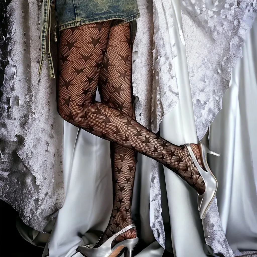 Black‎ Jacquard Fishnet High Waist Footed Tights With Star Pattern One Size Black - Image 3