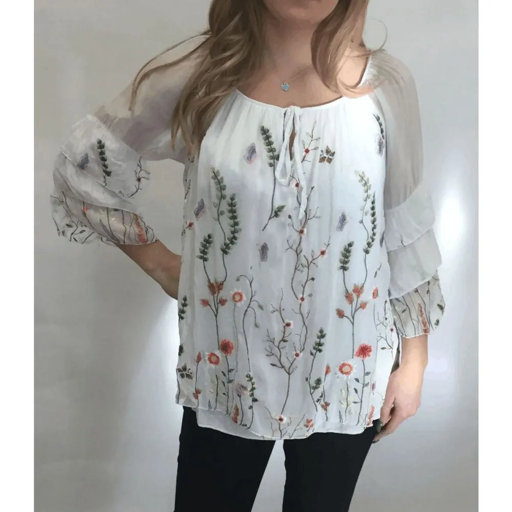 Beyond Capri White Floral Embroidered Silk Viscose Spring Blouse Large White - Image 7