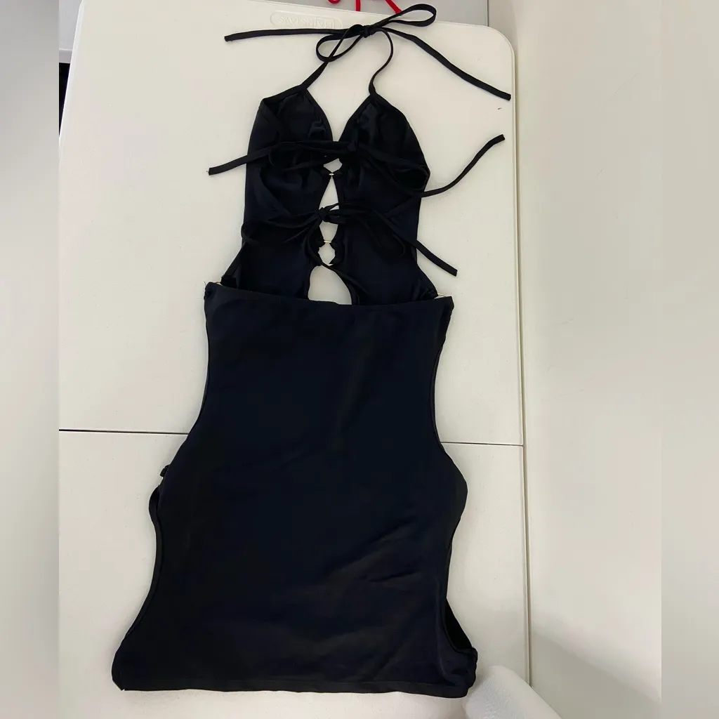 NWOT SHEIN women’s solid black tie halter‎ cutout bodycon swim dress cover up L - Image 5