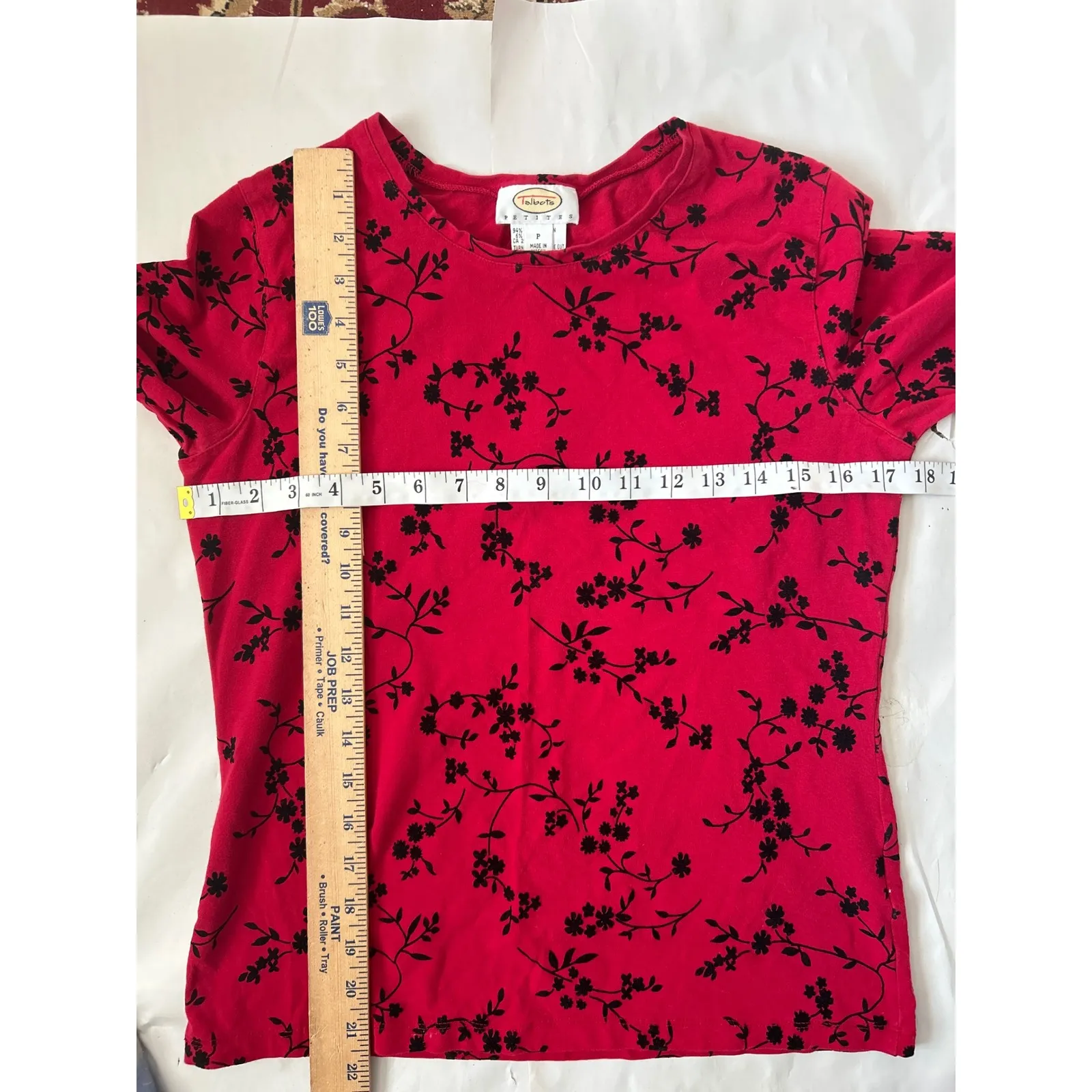 Talbots Petites Red Black Floral Print Long Sleeve Crew Neck Top Stretchy Size P - Image 4