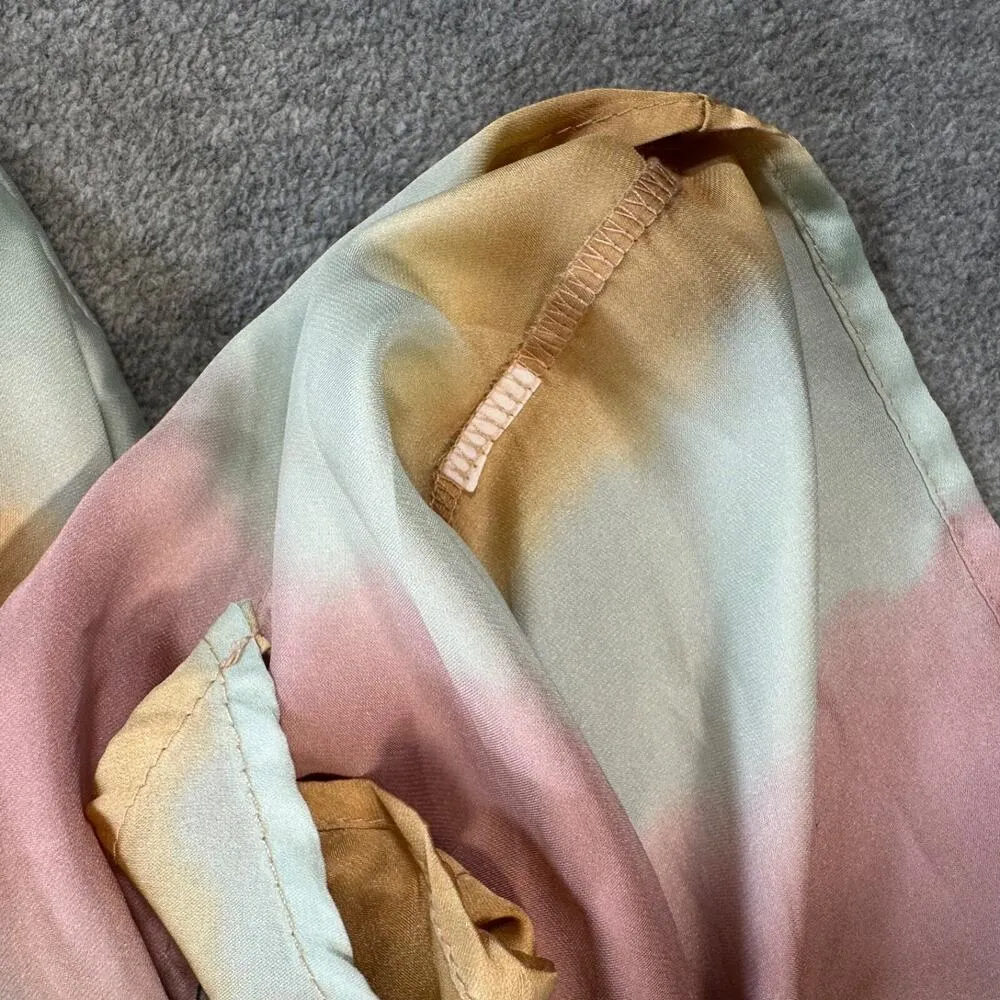 Adrienne Knotted Blouse Women's Medium Butterfly Sleeve V-Neck Satin Gold Blue - Image 7