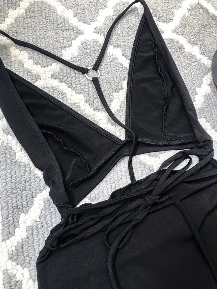 Black Slinky Strappy Plunge Midi Dress - Image 3