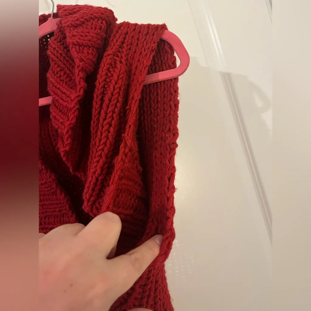 Chunky Knit Red Shawl Collar Cardigan Handmade Look Cozy Sleeveless Sweater Vest - Image 7