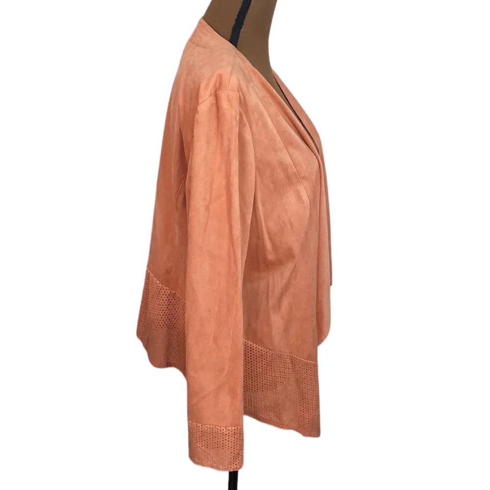 Chico’s peach faux suede perforated longline drape jacket size US 8 - Image 4
