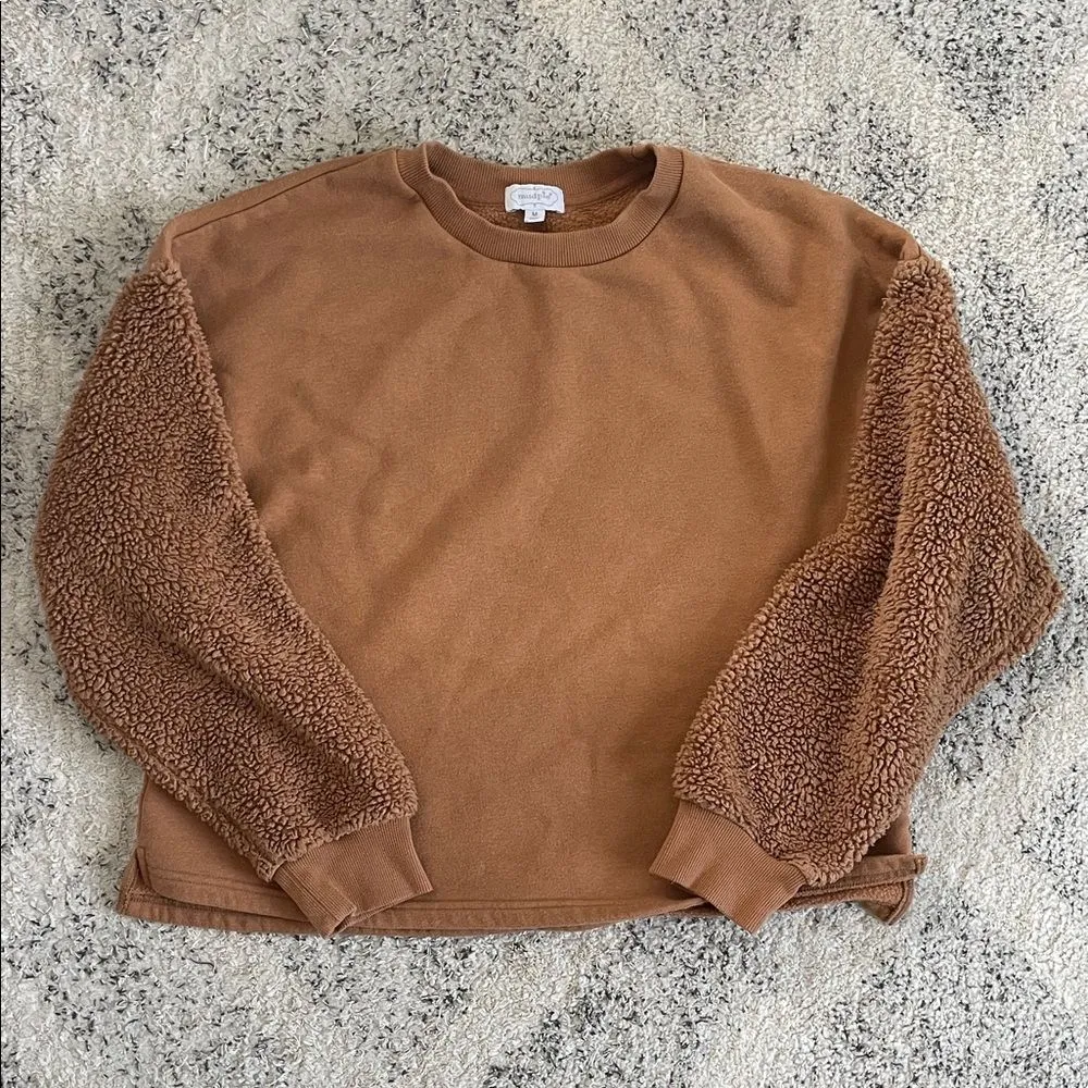 Mudpie Layla Sherpa Fleece Tan Light Brown Crewneck Sweatshirt Size Medium - Image 4