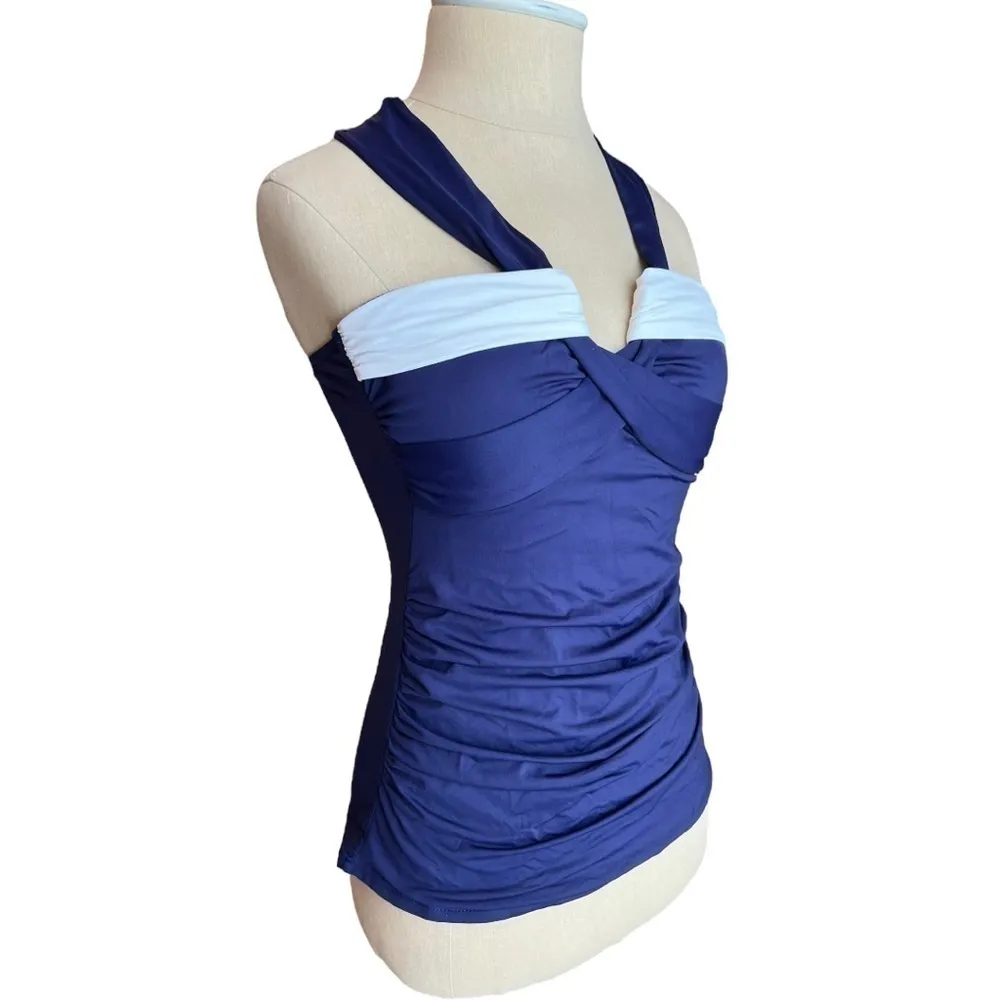 ANNE Cole Retro Navy Blue & White Halter Bandeau Tankini Top Size Small - Image 3