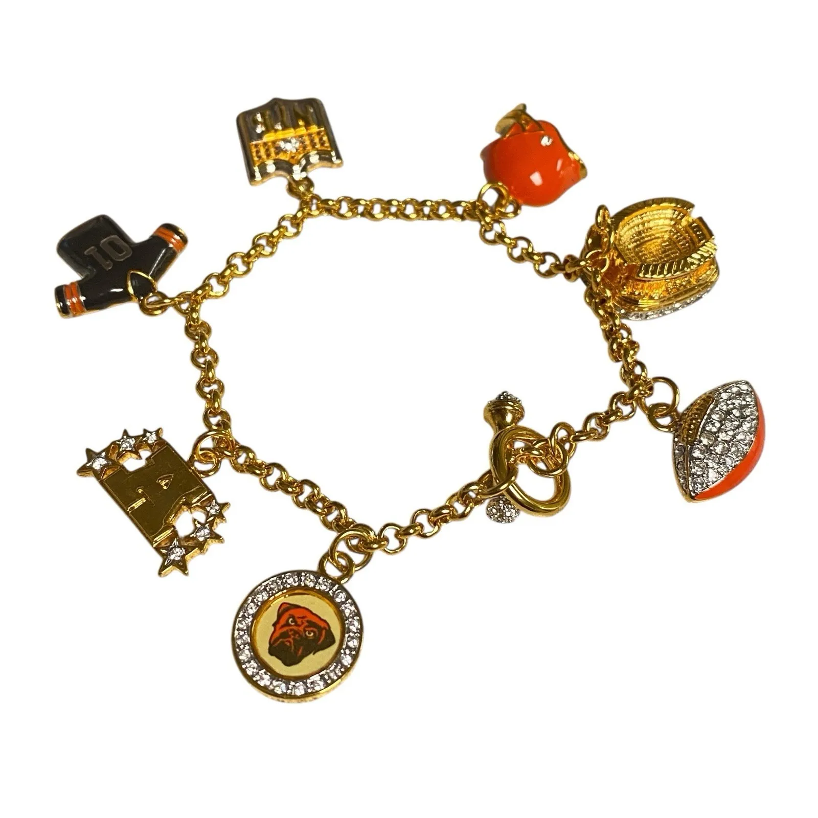 DANBURY MINT 24kt Gold Plated Cleveland Brown Charmed Toggle Bracelet Crystals - Image 2