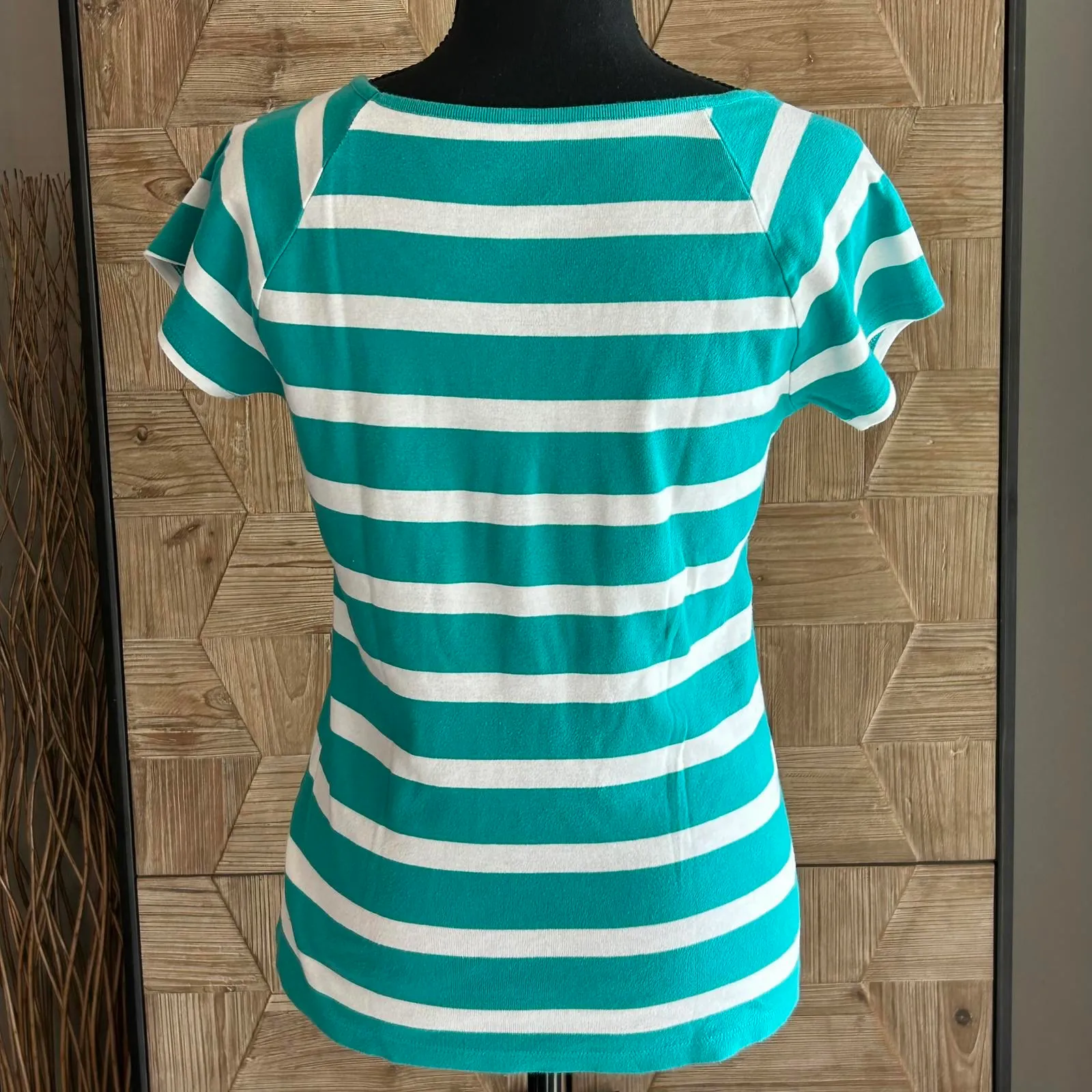 Womens Turquoise & White Striped Short Sleeve Shirt Size S/M Blue Size M - Image 3