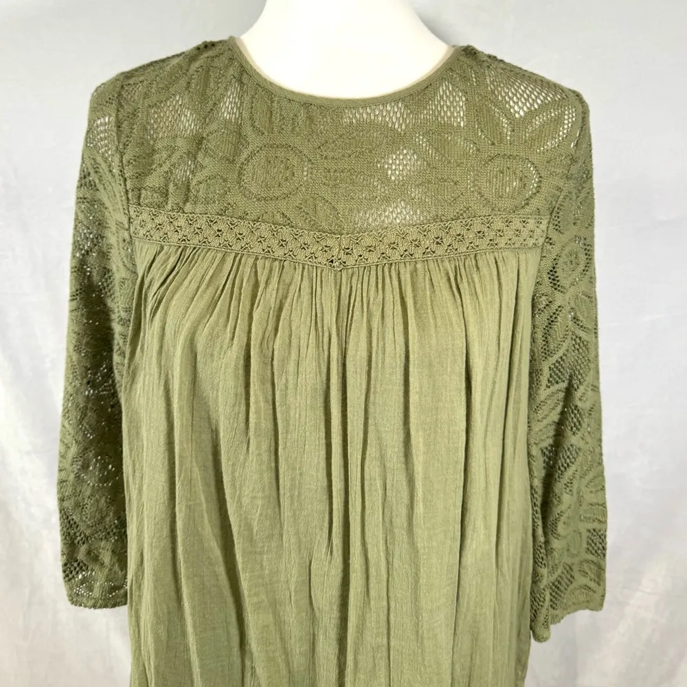 olive green 100% cotton peasant dress with lace size XS - Image 2