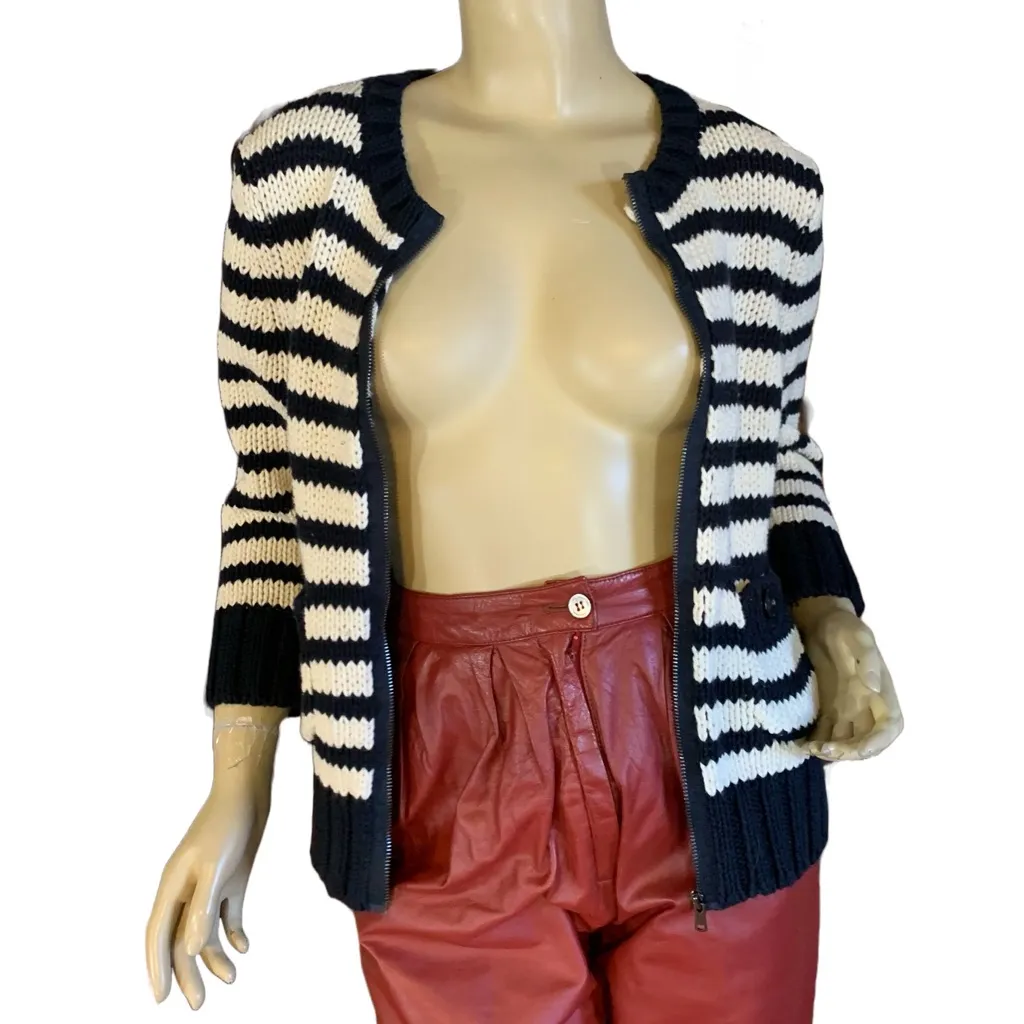 LOFT BLACK & OFF WHITE STRIPED CHUNKY KNIT COTTON CARDIGAN SWEATER (M) - Image 6