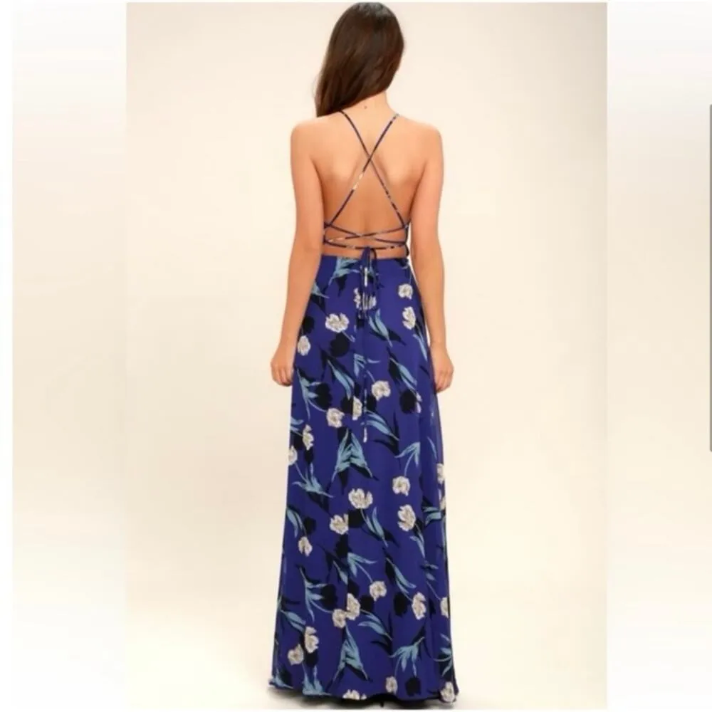 NEW Lulus Size S All I Need Royal Blue Floral Print Lace Up Back Maxi Dress Prom - Image 4