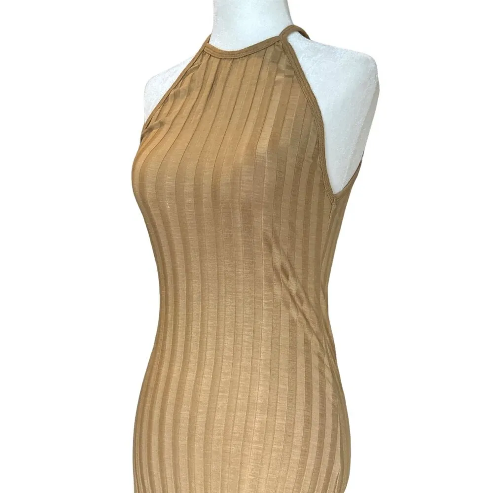 SIMKHAI Womens Megan Rib Racerback Dress in Camel Small Midi Stretch Tan - Image 8