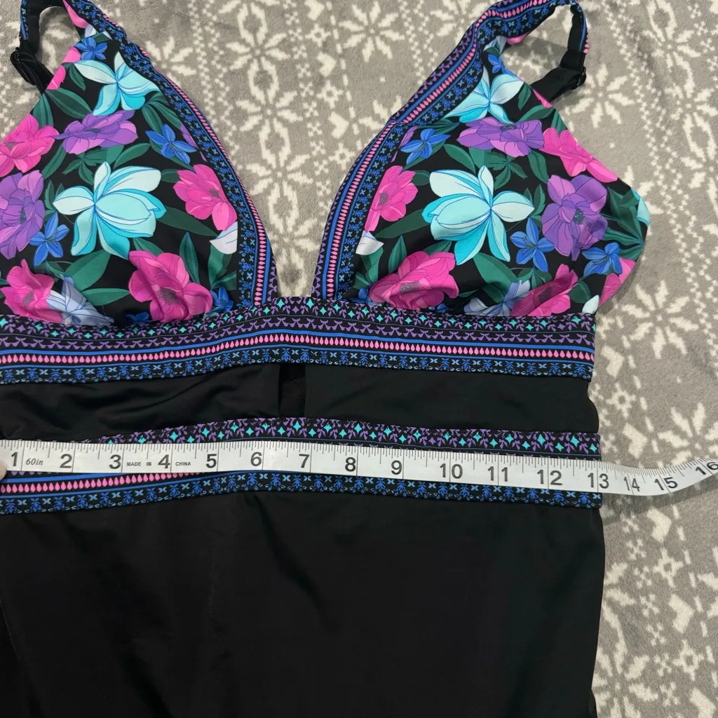 NWOT Swimsuits for All Plunge One Piece Swimsuit‎ in Floral Garden Size 12 Black - Image 13