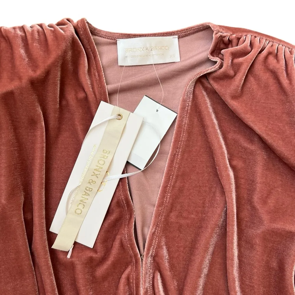 Bronx & Banco Women’s Rihanna Pink Velvet Long Sleeve Mini Dress Fringe Scarf XS - Image 5