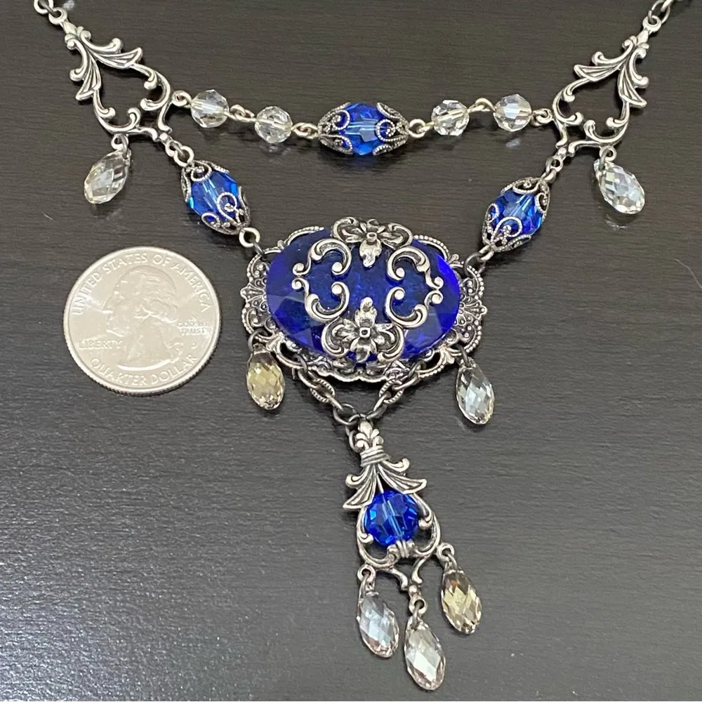 Vintage Handmade Cobalt Blue Crystal Victorian Ornate Wedding Jewelry Set - Image 6