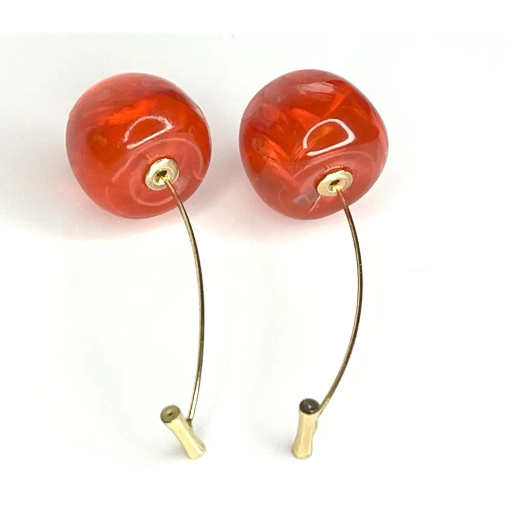 VTG Cherry Threader EARRINGS 2.25" Dangle Drop Red Flower Petal Acrylic Cherries - Image 2