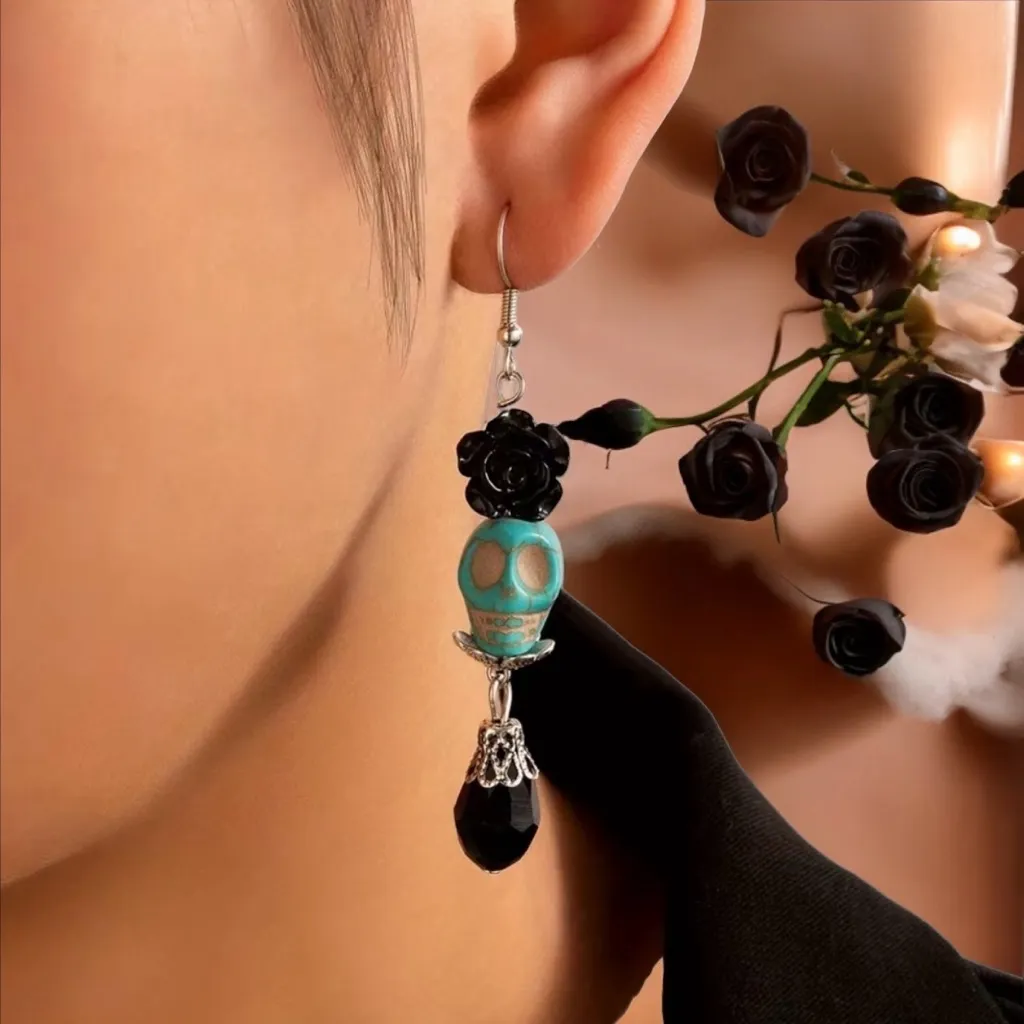 Exquisite Black Flower & Teal‎ Blue Skull Design Dangle Earrings Alloy Jewelry - Image 3