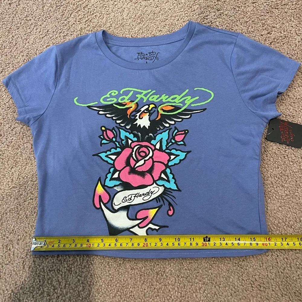 ED HARDY Pale Blue Graphic Print Crop Top Tee - Image 5