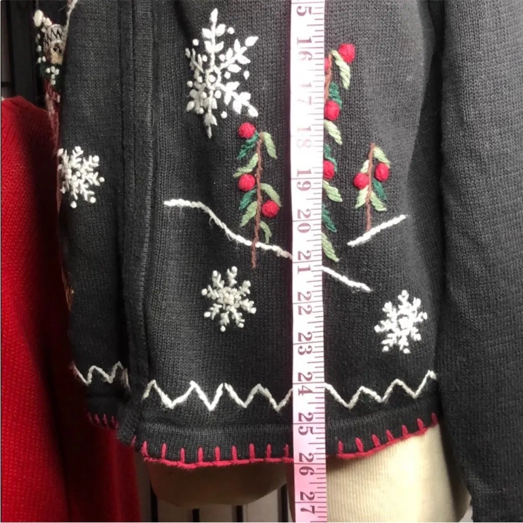 Vintage Victoria Jones Black Skiing Snowman Ugly Christmas Zip Cardigan Sweater M Size M - Image 6