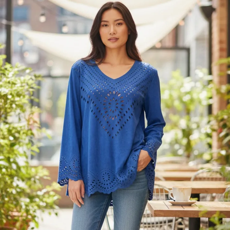 ALBERTO MAKALI NY Blue V-Neck LASER CUT OUT PATTERN LONG SLEEVE BLOUSE TOP L - Image 7