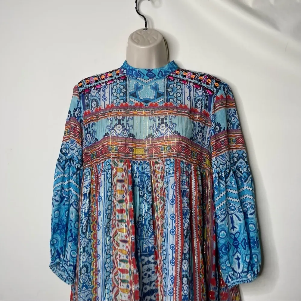 Hemant & Nandita blue mini 100% silk gauze dress long sleeve sz S - Image 3