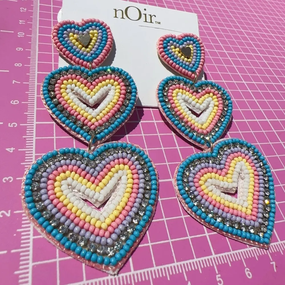 Noir soft Braided Beads lightweight heart shaped earrings blue pink white Gold - Image 2