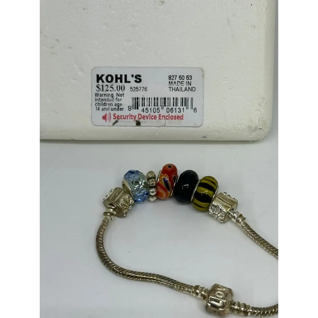 Sterling Silver Bead Charm Bracelet Glass Beads 7.5" European Snake Chain w/ Box - Image 6