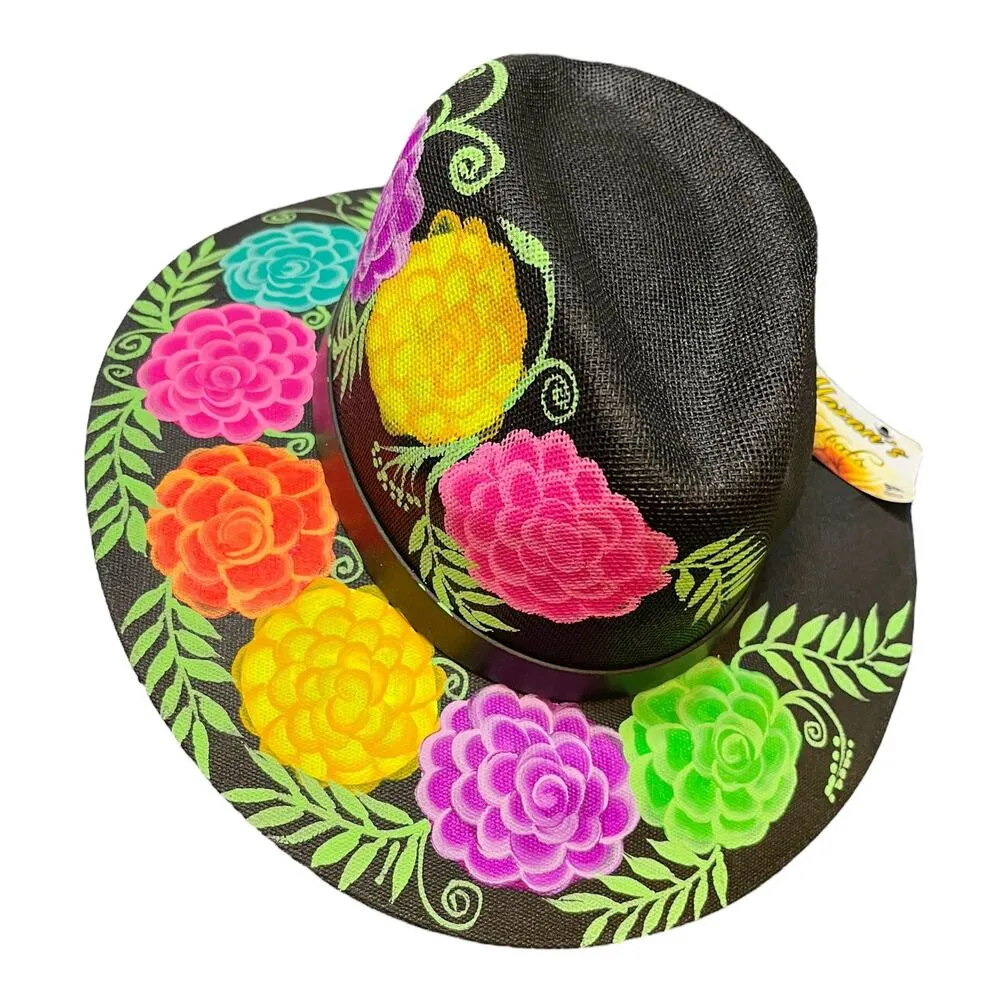 HAT MEXICAN Artisanal Hand Painted Fedora Floral Sombrero Panama Bohemian Black - Image 9