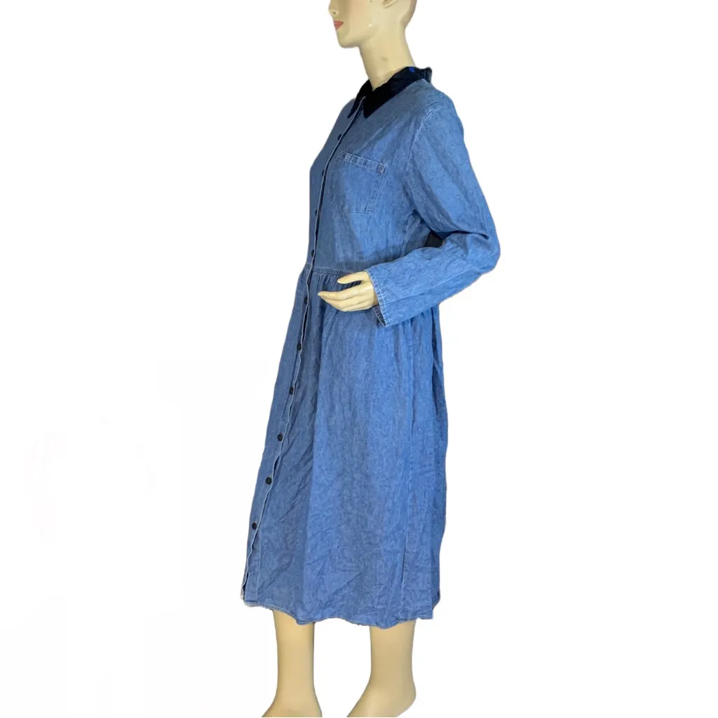 VINTAGE 1990'S YOU BABES DENIM COTTON BABY DOLL DRESS W/ VELOUR COLLAR (18) Blue - Image 4