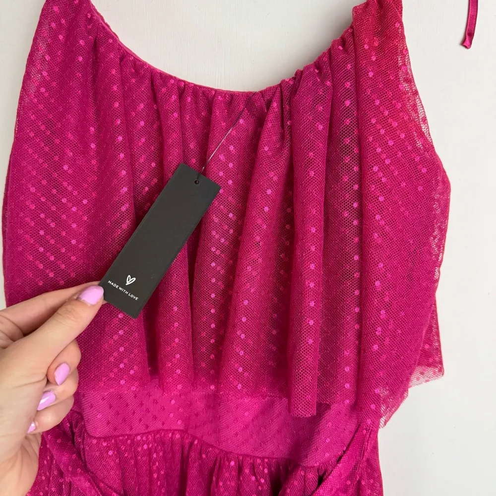 NWT Lulu’s Best Flirt Forward Magenta Shiny Mesh Tie Strap Midi Dress Sz Small - Image 5