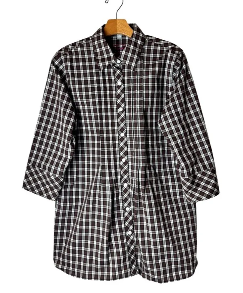 Foxcroft Shirt Women 8 Brown White Plaid Pintuck Pleat Collared Button Down Top - Image 1