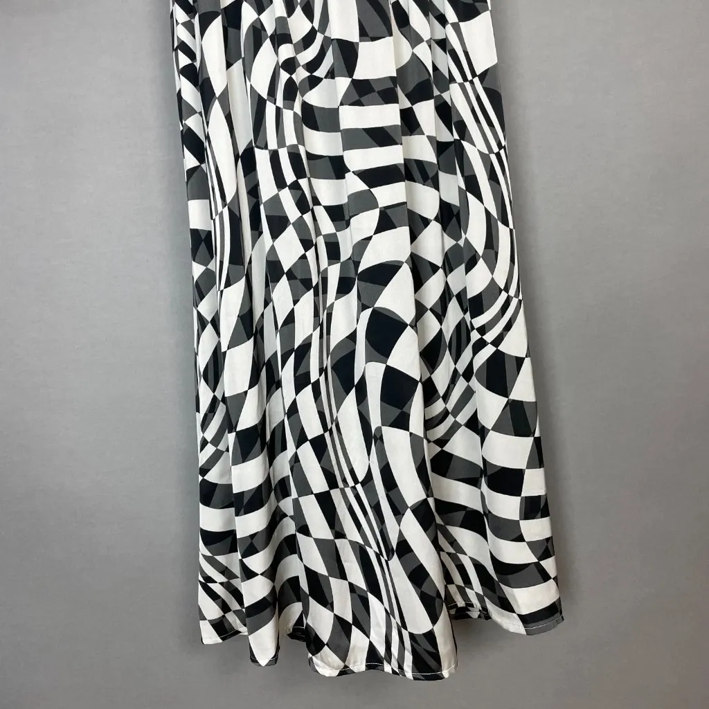 Oddy Dress‎ Geometric Pattern Black White Gray Women Shirred Smocked Bodice Midi Size M - Image 6