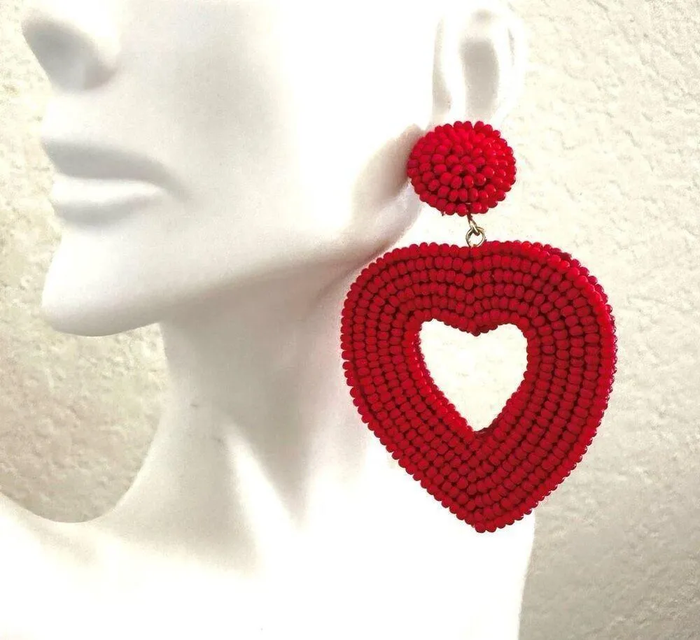 C & C California red hand beaded heart statement earrings - Image 3