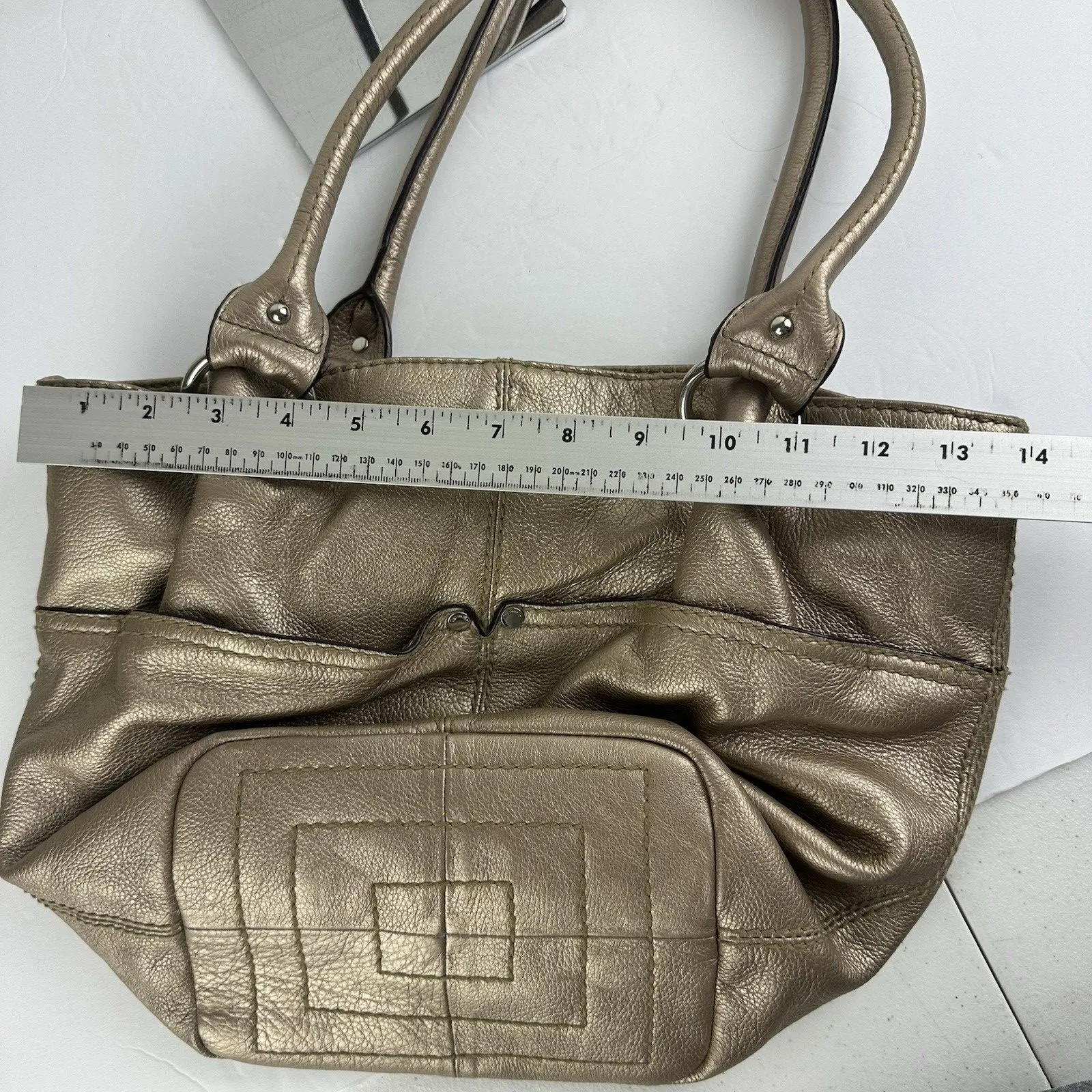 Tignanello Gold Metallic Pebbled Leather Satin Lined Shoulder Tote Bag Pockets - Image 8