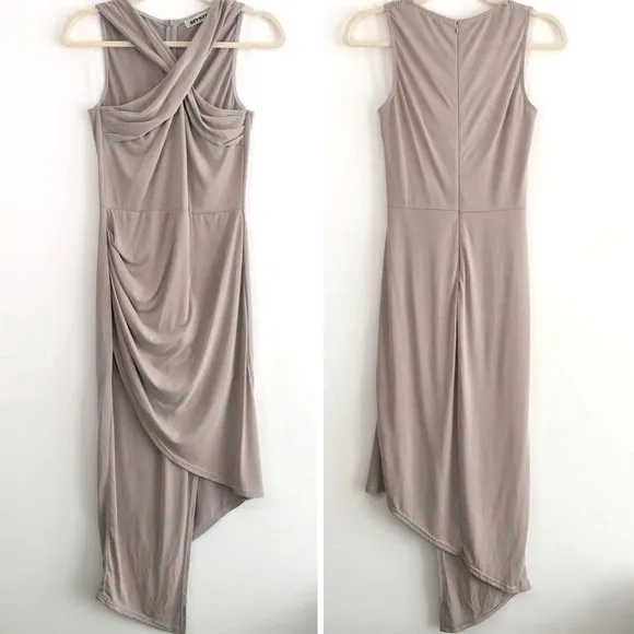 New  Asymmetric Halter Bodycon Dress Twisted Wrap Neck Sleeveless Taupe - Image 5