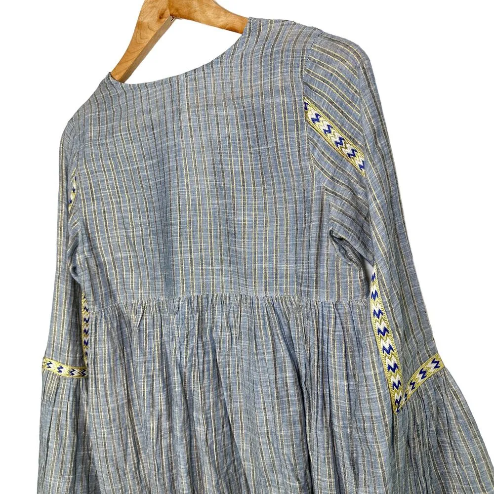 Raga Boho Embroidered Bell Sleeve Striped Floral Baby Doll Top Blue Multi Small - Image 6