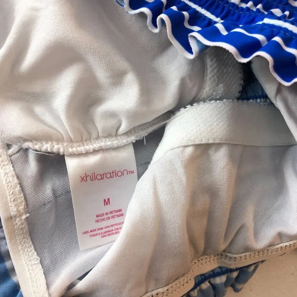 Xhilaration Bikini Top Smocked Removable Cups Shelf Bra Ruffle Striped Blue M - Image 3