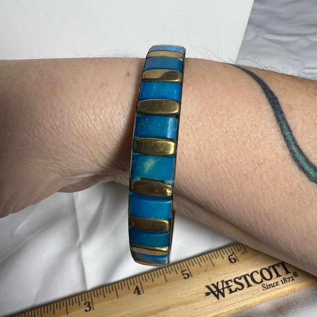 Vintage Brass and Blue Enameled Bangle‎ Bracelet - Image 2