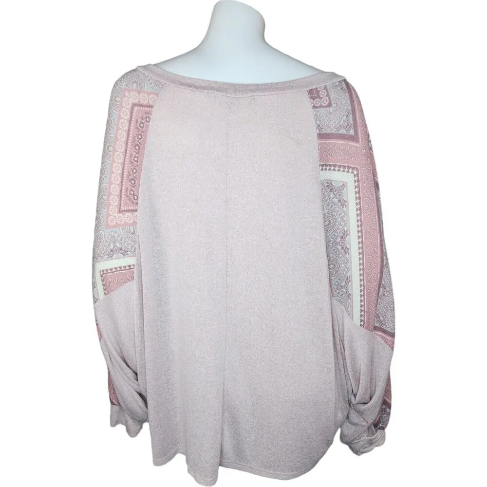 Haptics by Holly Harper Womens M Oversized Pink Long Sleeve Patchwork V - Image 2