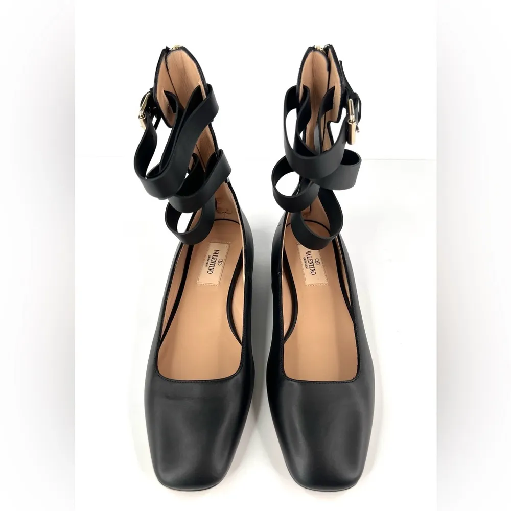 VALENTINO GARAVANI BLACK LEATHER BALLERINA BALLET GLADIATOR FLATS SIZE 36 - Image 8