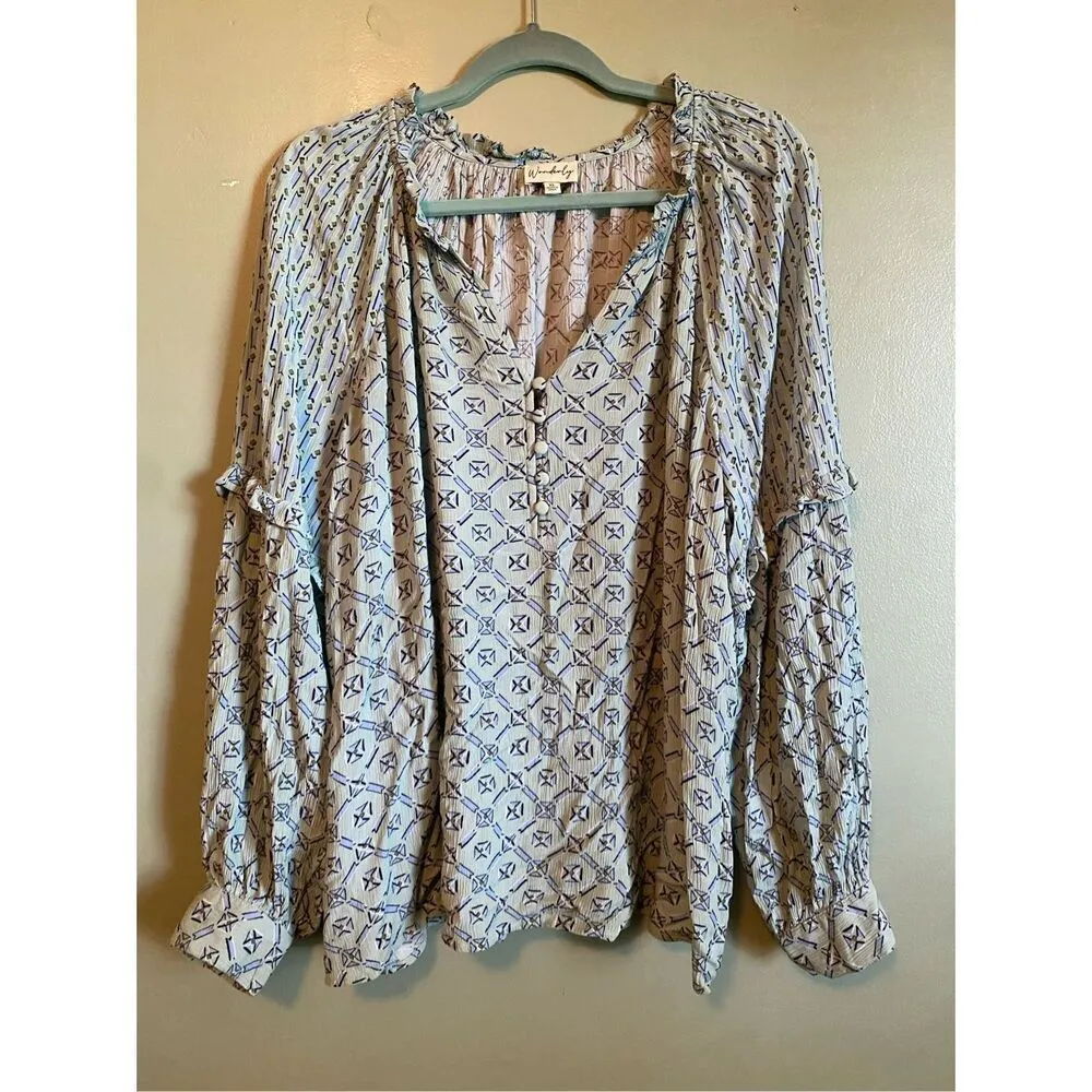 Wonderly  Multi Geo Long Sleeve Split Neck Blouse Size XL - Image 2