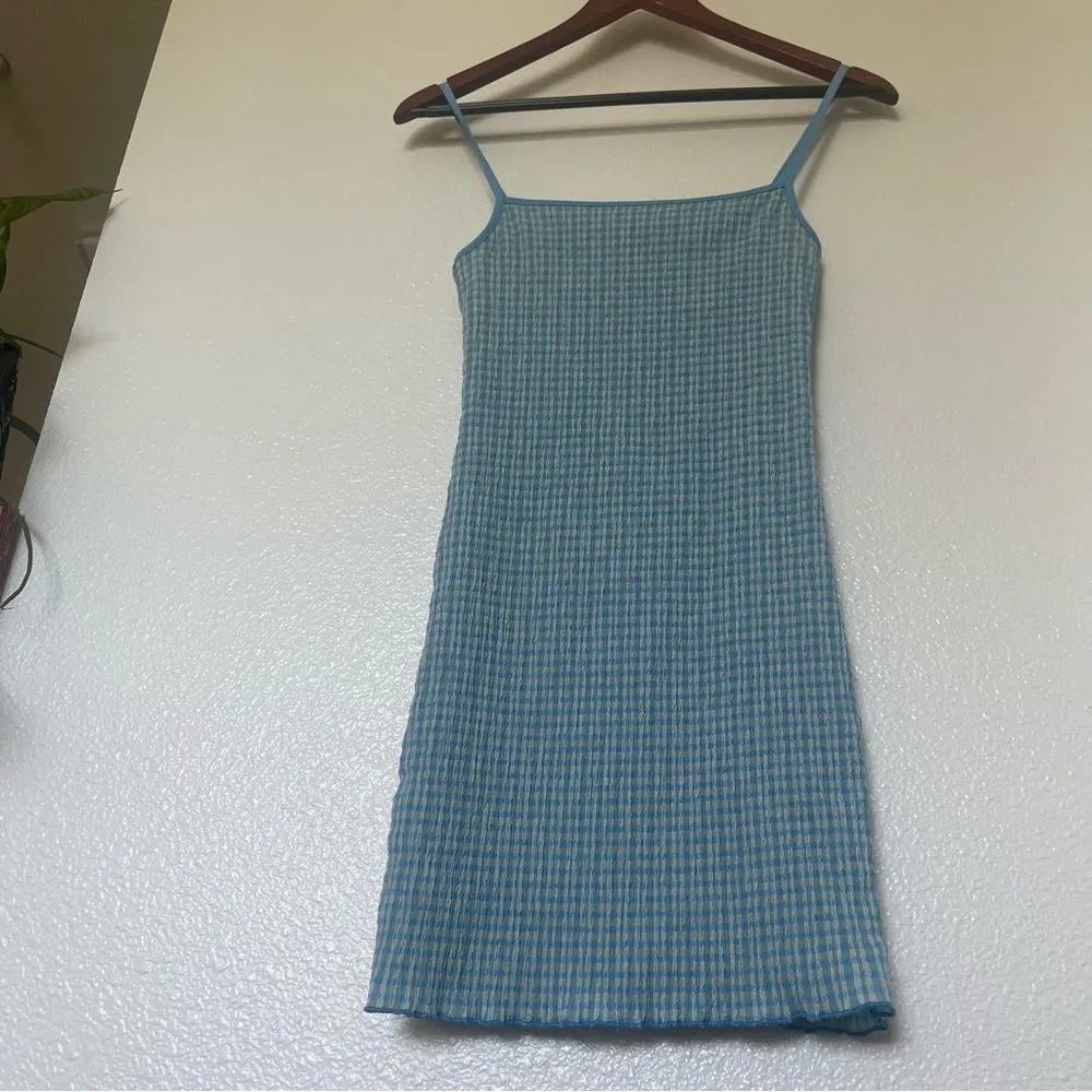 Wilfred XS Body Con Rouched Mini Dress Blue Spaghetti Straps Ribbed Stretchy - Image 7