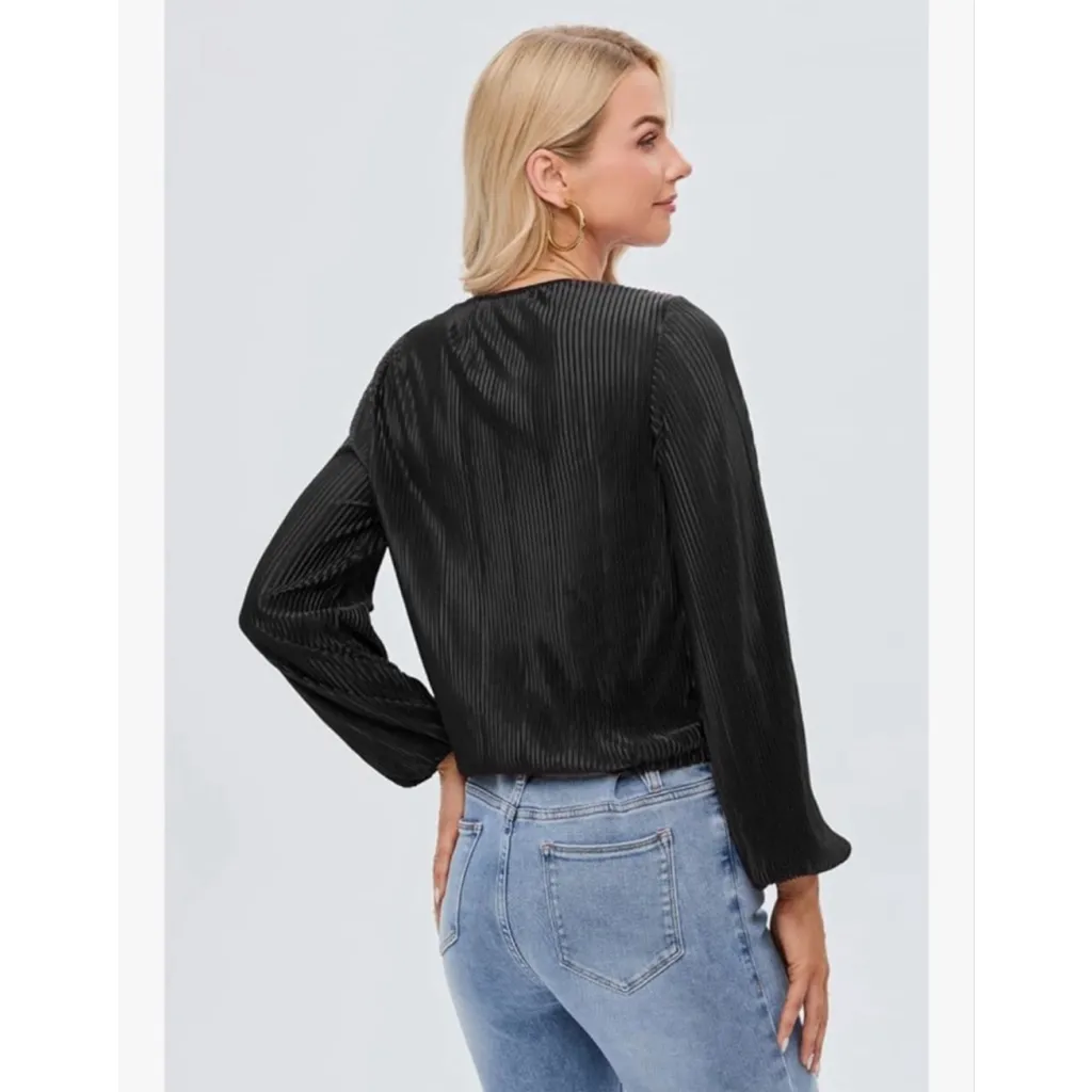NEW Black Plisse Long Lantern Sleeve Loose Fit V Neck Blouse Top XS - Image 2