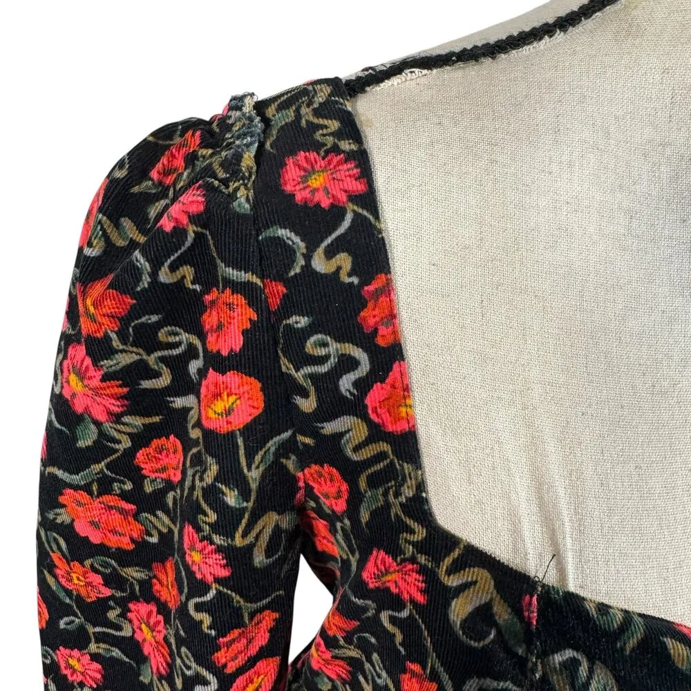 Free People Large Bessie Corduroy Mini Dress Floral Puff Sleeves Sweatheart Neck - Image 4