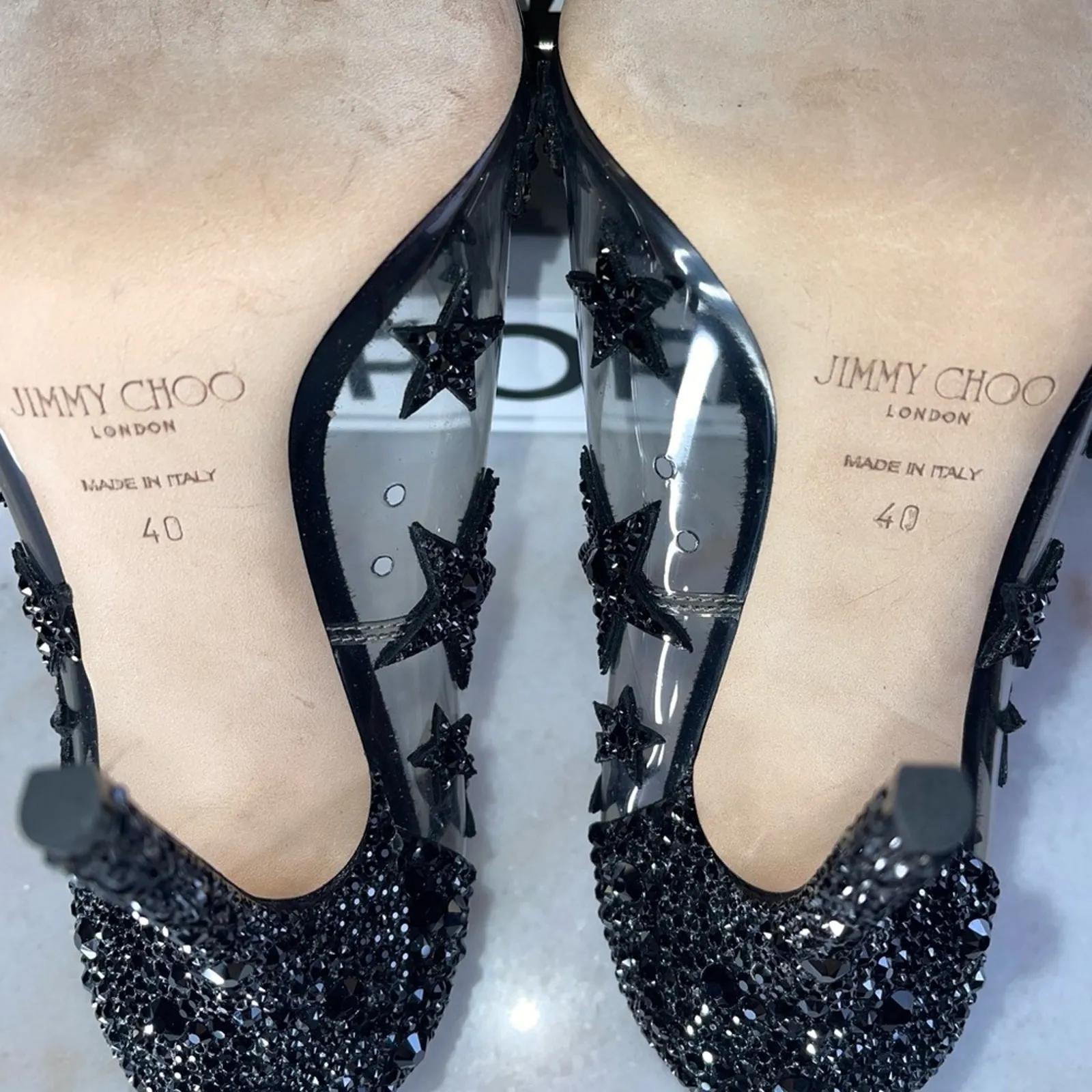 New Jimmy Choo Lisha 100 Black Smoke Mix Plexi Star Patchwork Pumps w Crystals - Image 16